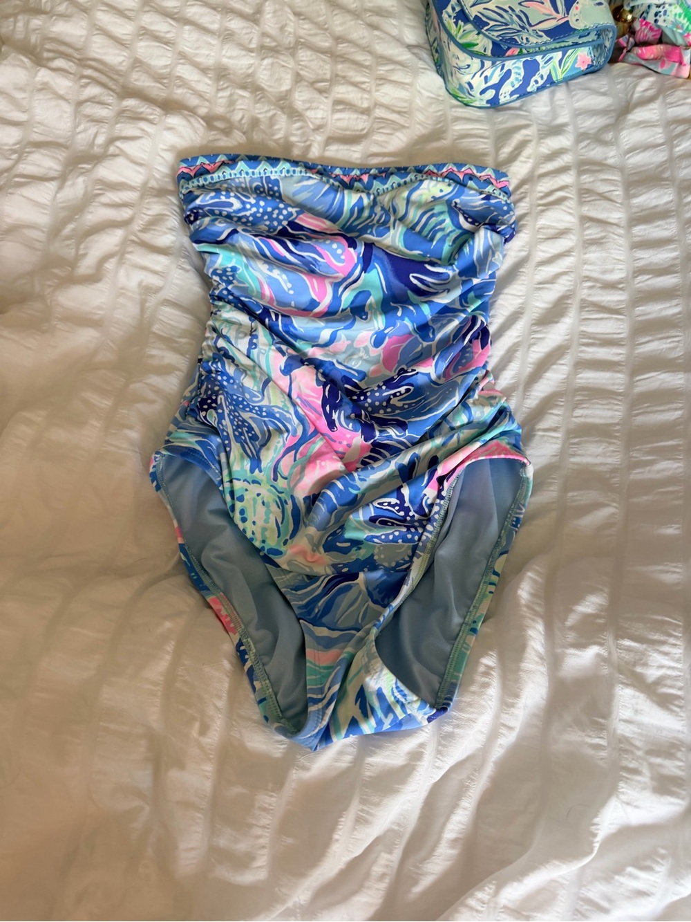 Lilly Pulitzer Strapless Ruched One-Piece in Blue, Pink & Green